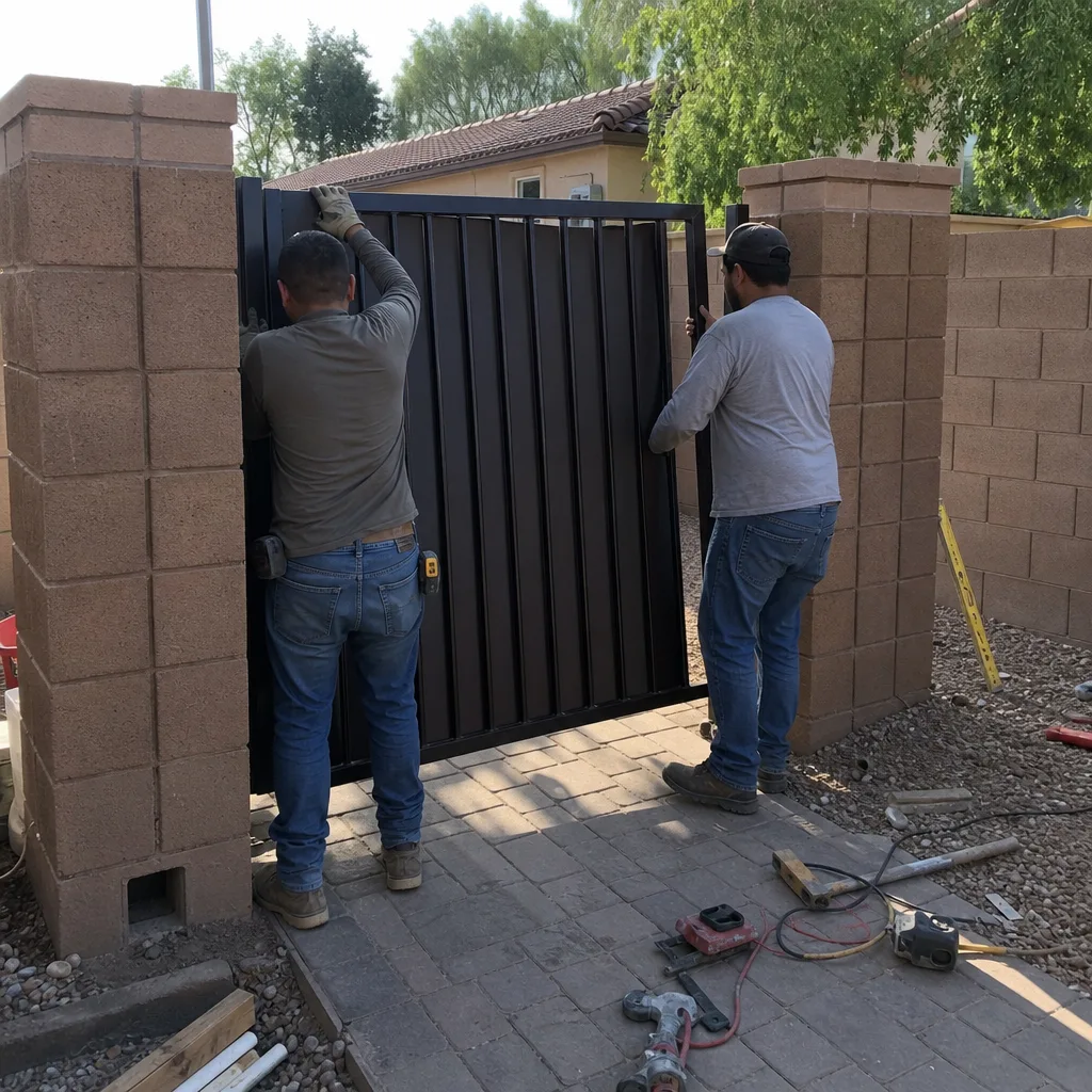 Two contractors installing a new black metal gate at a residential home