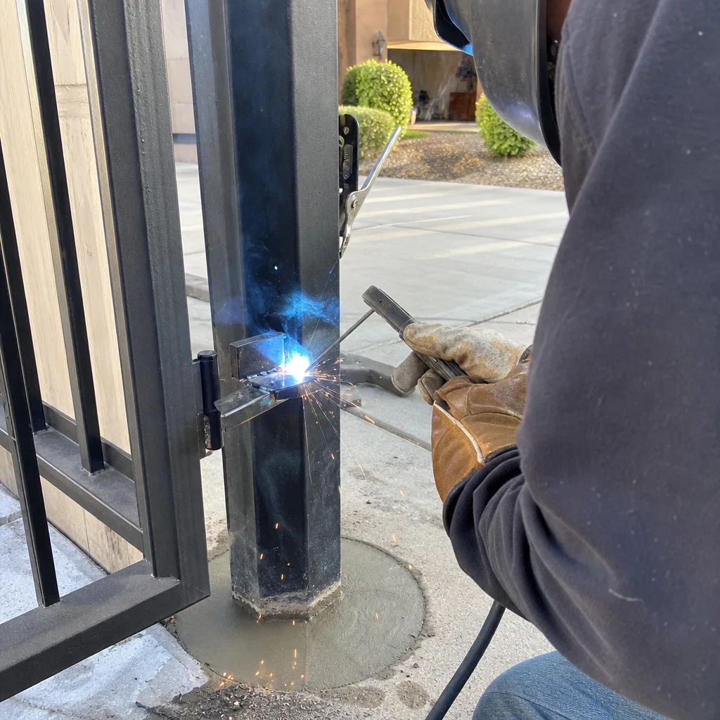 Professional welder performing a gate repair by welding a metal hinge