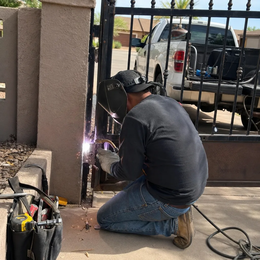 A professional welder repairing a residential metal security gate.